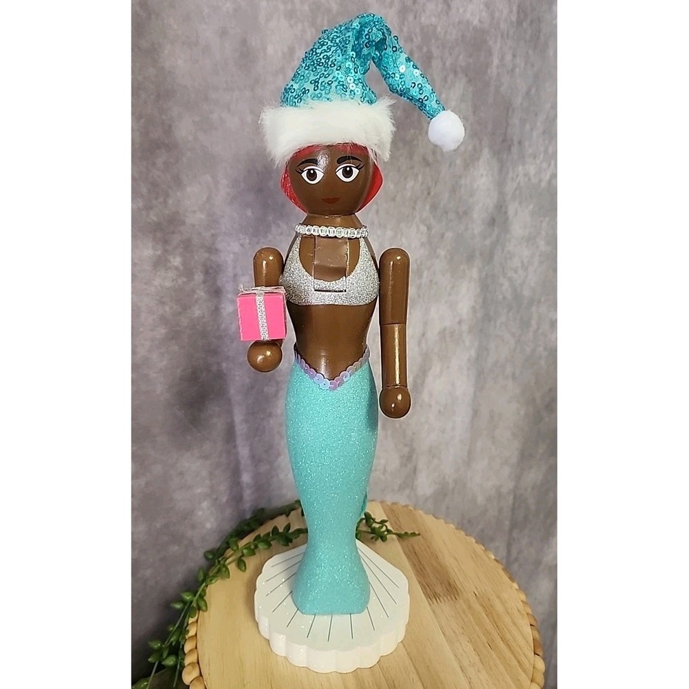 Mermaid Nutcracker African American Coastal Aqua Blue Santa Hat 15" Christmas - Picture 1 of 7